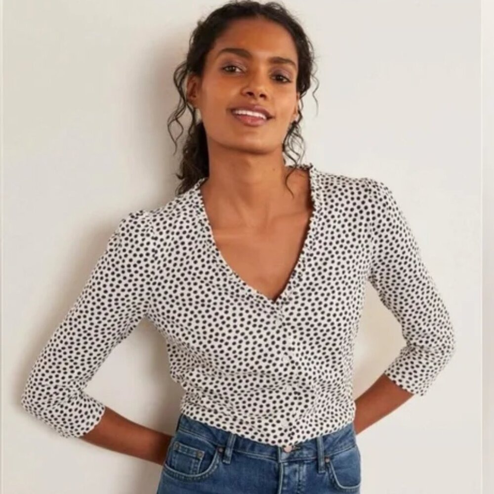 Boden Freya jersey top in ivory and navy polka dot